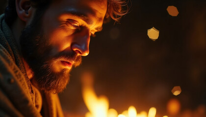 Man by the fire gazing down in thoughtful contemplation, illuminated by warm light in intimate scene. The fire casts a glow, highlighting his beard and features as he reflects,