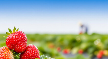 Organic strawberries growing in a green field with a worker in the background during harvest season