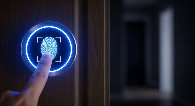 Fingerprint scanning on a modern smart door lock in a dimly lit hallway for secure entry