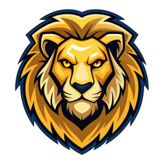 Fierce lion head mascot with golden mane and blue outline