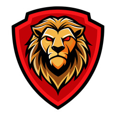 Fierce lion head emblem with red shield