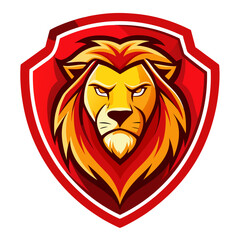 Fierce lion head emblem with red shield and golden mane