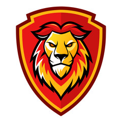 Fierce lion head emblem on red and yellow shield