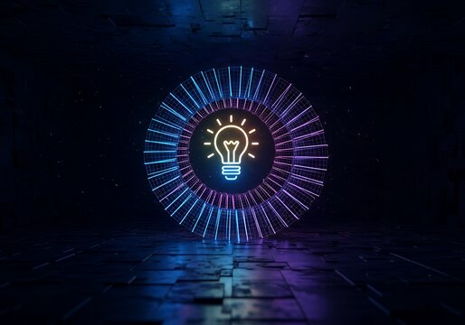 Neon Glowing Light Bulb Inside Digital Circular Frame, Symbolizing Creative Breakthrough and Technological Innovation