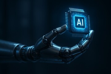 Humanoid robot hand holding glowing AI processor microchip symbolizing advanced artificial intelligence
