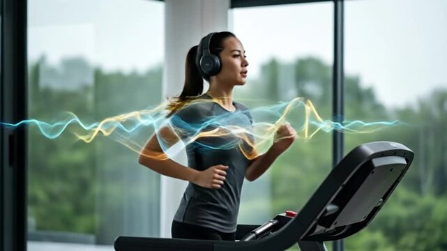 A woman running on a treadmill, immersed in her workout with headphones on. - Powered by Adobe