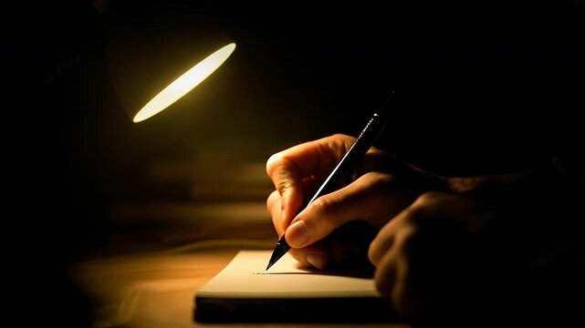 A person is focused on writing in a notebook, illuminated by a warm desk lamp. The cozy atmosphere suggests an evening spent in creativity and reflection, enriching the experience of the writer