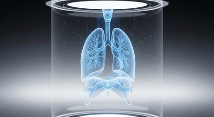 Advanced 3d digital rendering of the human respiratory system, featuring glowing blue lungs and bronchi within a futuristic transparent medical capsule, symbolizing health diagnostics.