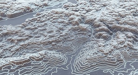 Abstract three-dimensional topographic map displaying intricate white contour lines, visualizing elevation changes, a river, and a valley for geographical data modeling.