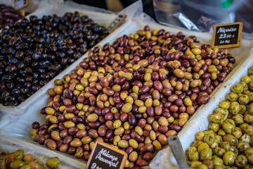 Cured olives for sale at the farmers market in Old Town of Nice, South of France
