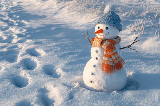 Enjoying a snowy winter day with a cheerful snowman in a lovely winter landscape featuring fresh snow and natural footprints