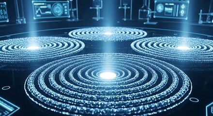 Abstract quantum energy transfer visualization, glowing blue concentric fields, intricate particle structures, futuristic analytical display screen.