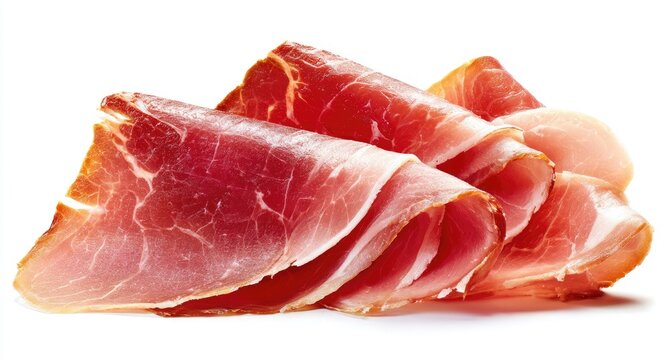 Slices of pink cured ham stacked, translucent texture