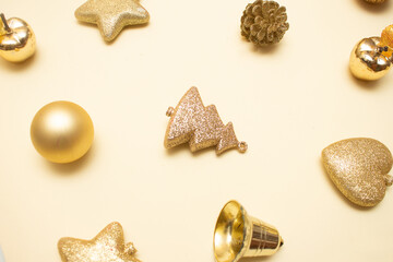 Golden Christmas ornaments on a colorful background