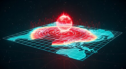 Global digital map with a glowing red sphere, radiating energy waves, and dynamic data visualization, illustrating worldwide impact, crisis, or a major technological event.