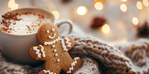 Close-up of a holiday coffee drink with a smiling gingerbread cookie in a cozy festive setting