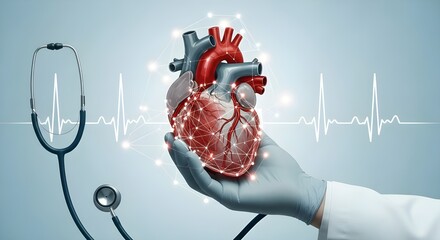 Medical professional holding anatomical heart model with advanced technology integration diagnosis