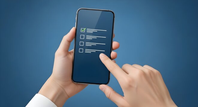 Hand using smartphone with checklist concept shows modern technology and completion of tasks with