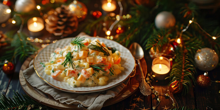Festive close-up of traditional Russian Olivier salad on an elegant holiday table, surrounded by candles, fir branches, and Christmas decorations. Popular dish for New Year and Christmas celebration - Powered by Adobe