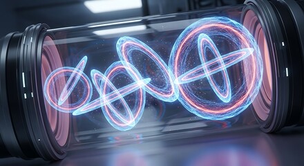 Abstract luminous energy waves in a futuristic glass tube, representing advanced technology, quantum computing, scientific research, or a powerful energy source and innovation.