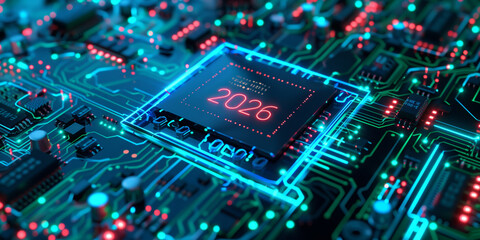 Close-up of a glowing computer microchip with the year 2026 illuminated at the center, surrounded by blue circuitry and electronic components