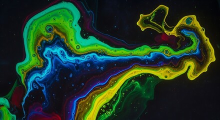 Vibrant abstract liquid art with flowing neon colors of green, blue, and yellow forming intricate patterns and organic textures, showcasing dynamic fluid motion and microbubbles.