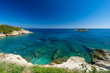 Obraz premium Greece, Zakynthos - 5 April 2024 - A glimpse of the island of Zakynthos with its pristine sea and rich shades