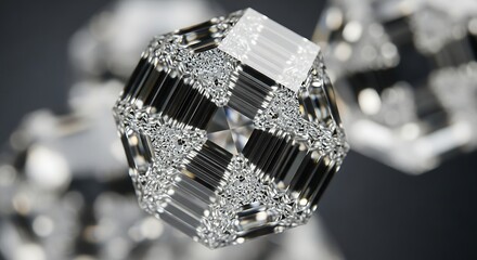 Meticulously arranged faceted diamond structure, featuring numerous individual emerald cut gems precisely combined to form a magnificent, sparkling crystalline object.