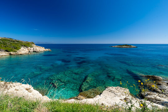 Greece, Zakynthos - 5 April 2024 - A glimpse of the island of Zakynthos with its pristine sea and rich shades