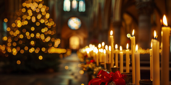 Lit candles on an ornate candleholder inside a decorated church during the Christmas season. Warm glow, holiday ambiance, and spiritual atmosphere with blurred Christmas tree lights in the background.