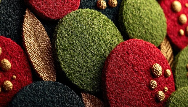 Colorful felt disks and leaves textural abstract art