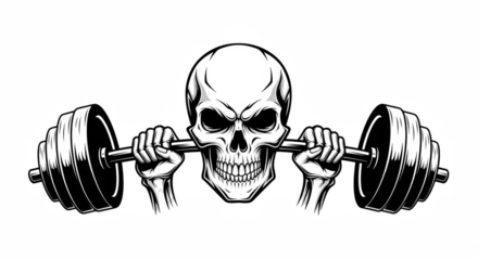 Skull Lifting Barbell in Bold Black and White Graphic Illustration