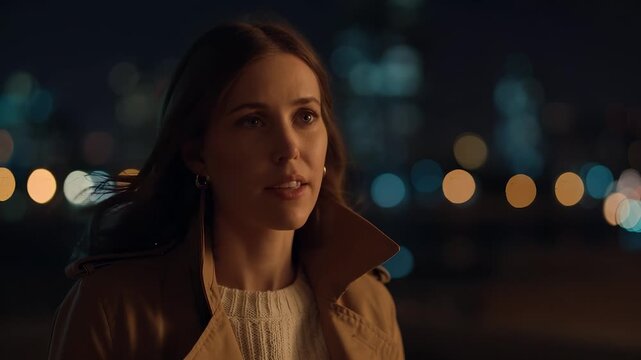 A woman stands outdoors at night, wearing a stylish coat and looking contemplative against a backdrop of city lights. The woman reflects on her surroundings while city lights twink