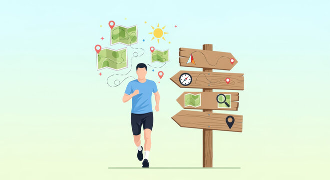 Man Running with Maps and Directional Signs in Outdoor Setting