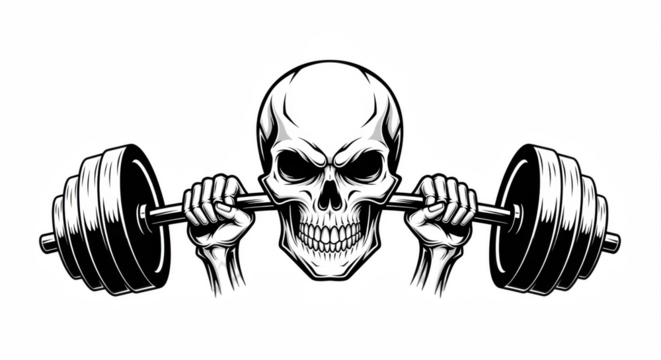 Skull Lifting Barbell in Bold Black and White Graphic Illustration