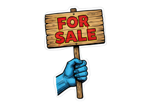 Blue Hand Holding Rustic Wooden Sign With Red Bold For Sale Text Isolated On Transparent Background - Powered by Adobe