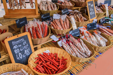 Artisanal sausages at farmers market, Cours Saleya in Old Town Nice, France
