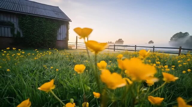 Golden Meadow Buttercups in a Foggy Landscape with Barn
