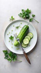 Crunchy cucumber slice on white plate with knife and fresh herbs for salad garnish