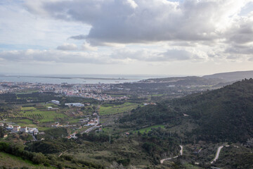 Palmela castle view showing setubal bay portugal