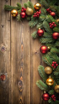Rustic wooden corner with red and gold Christmas ornament border banner on a worn wooden background
