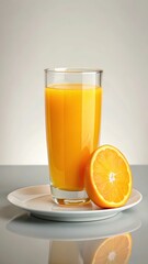 Fototapeta premium Fresh orange juice glass on white ceramic plate background