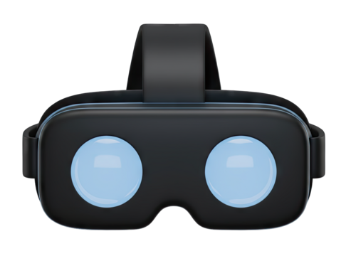 Black Virtual Reality Headset with Blue Lenses on Transparent Background Ready for Futuristic Gaming and Immersive Digital Experiences