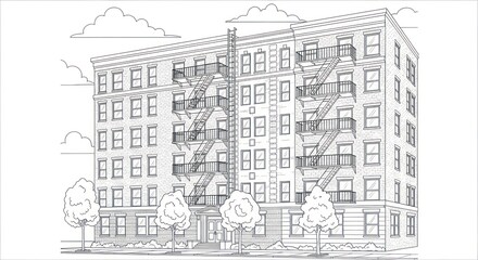 Obraz premium Apartment building illustration with fire escape in minimalist graphic style