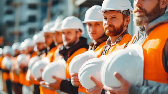 Group of construction workers standing in a line, holding white hard hats and wearing orange safety vests, ready for work on a building site.