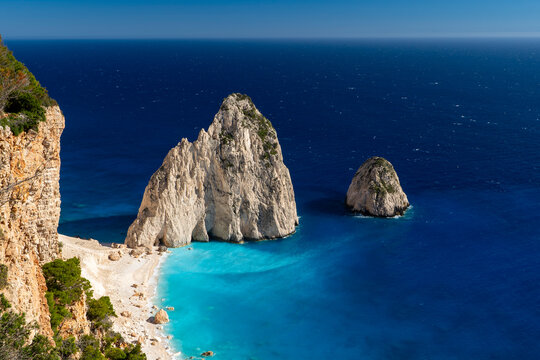 Greece, Zakynthos, Myzithres - 5 April 2024 - The Mizithres sea stacks in Zakynthos surrounded by turquoise water