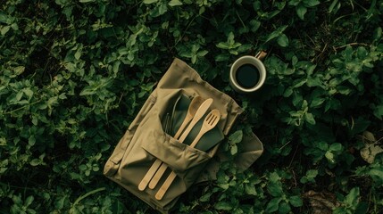 A picnic setup featuring a coffee cup and cutlery set on lush green foliage.
