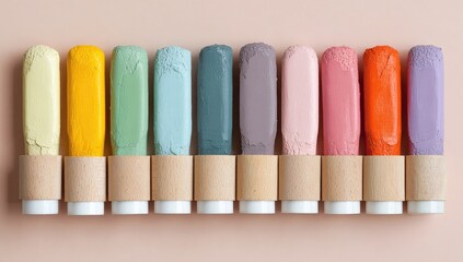 Colored crayons with wood & white base on pink background