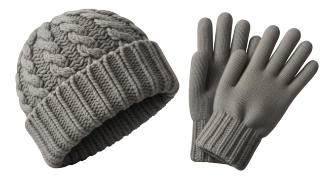 A cozy set of grey winter apparel featuring a warm cable-knit beanie hat with a cuff and a pair of matching gloves isolated on a clean transparent background