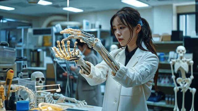 A young researcher in a lab focuses on a robotic hand, exploring its mechanics and potential applications in fields like medicine and technology. This activity showcases innovation
